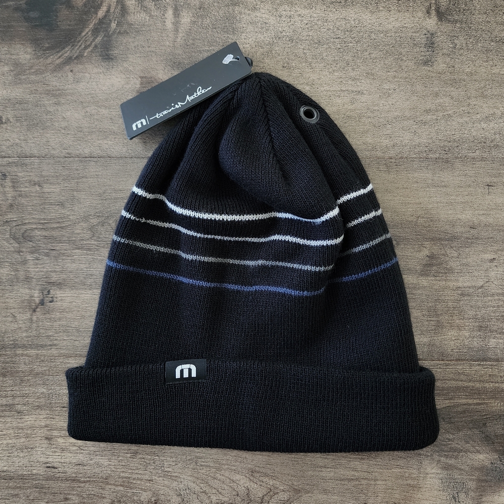 Travis Mathew Black Striped Cuff Beanie Men's OSFM NWT